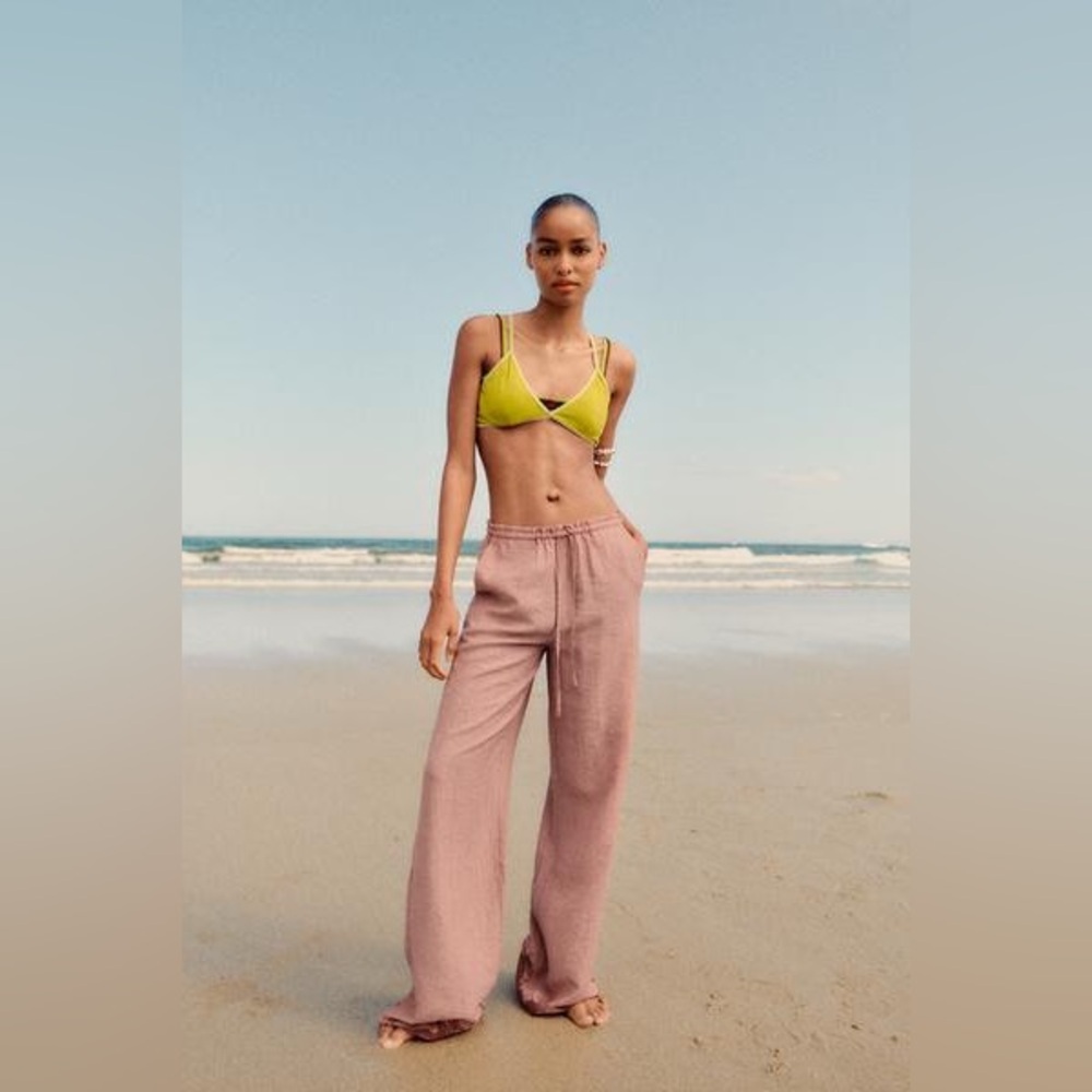 ZARA textured crinkle blush drawstring pants sz M